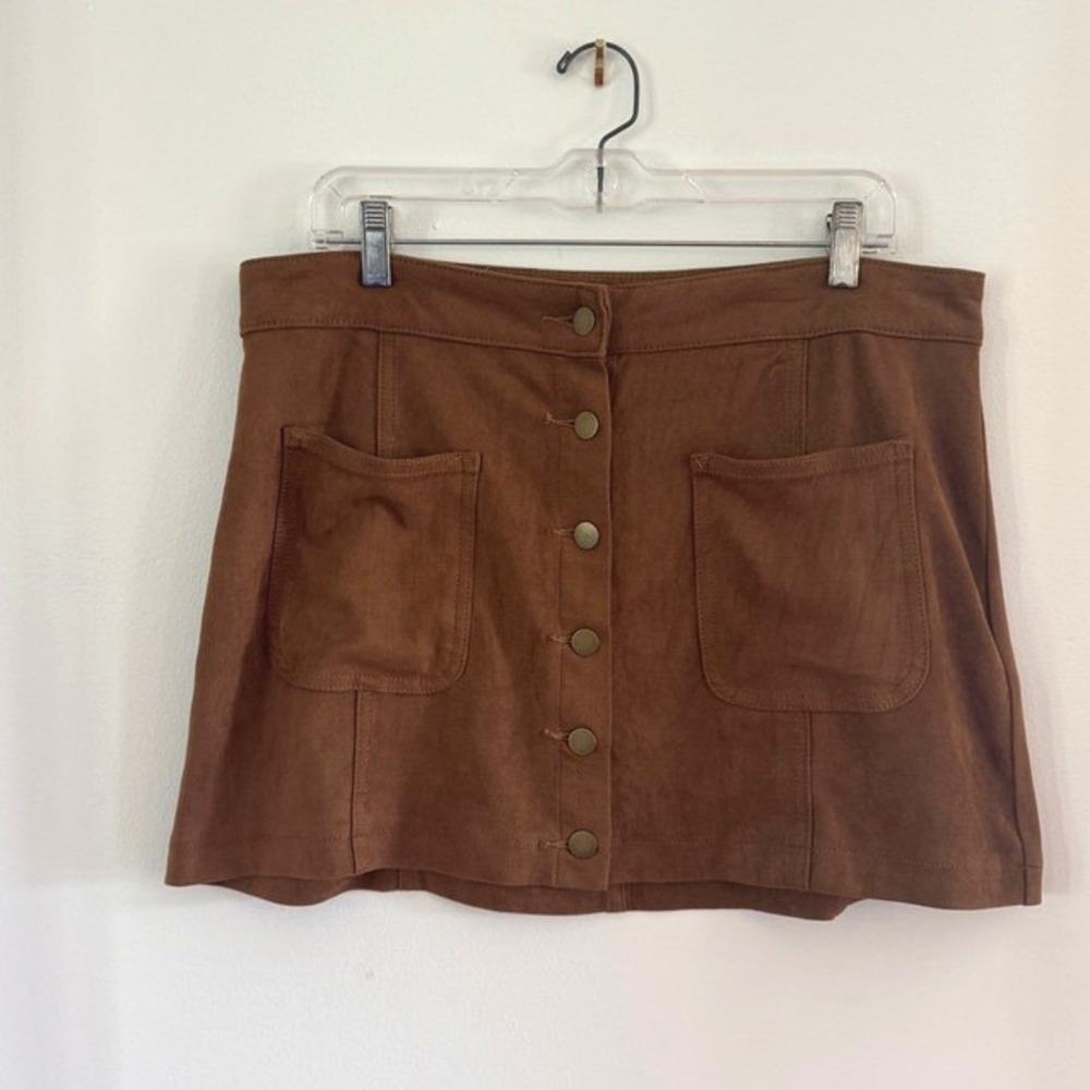 Altar'd State Faux Suede Mini Skirt L Brown Button Front Boho Western Festival